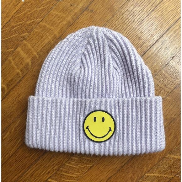 H&M Accessories - H & M Women's Beanie, Lavender w/Yellow Rubbery Smile Appliqué